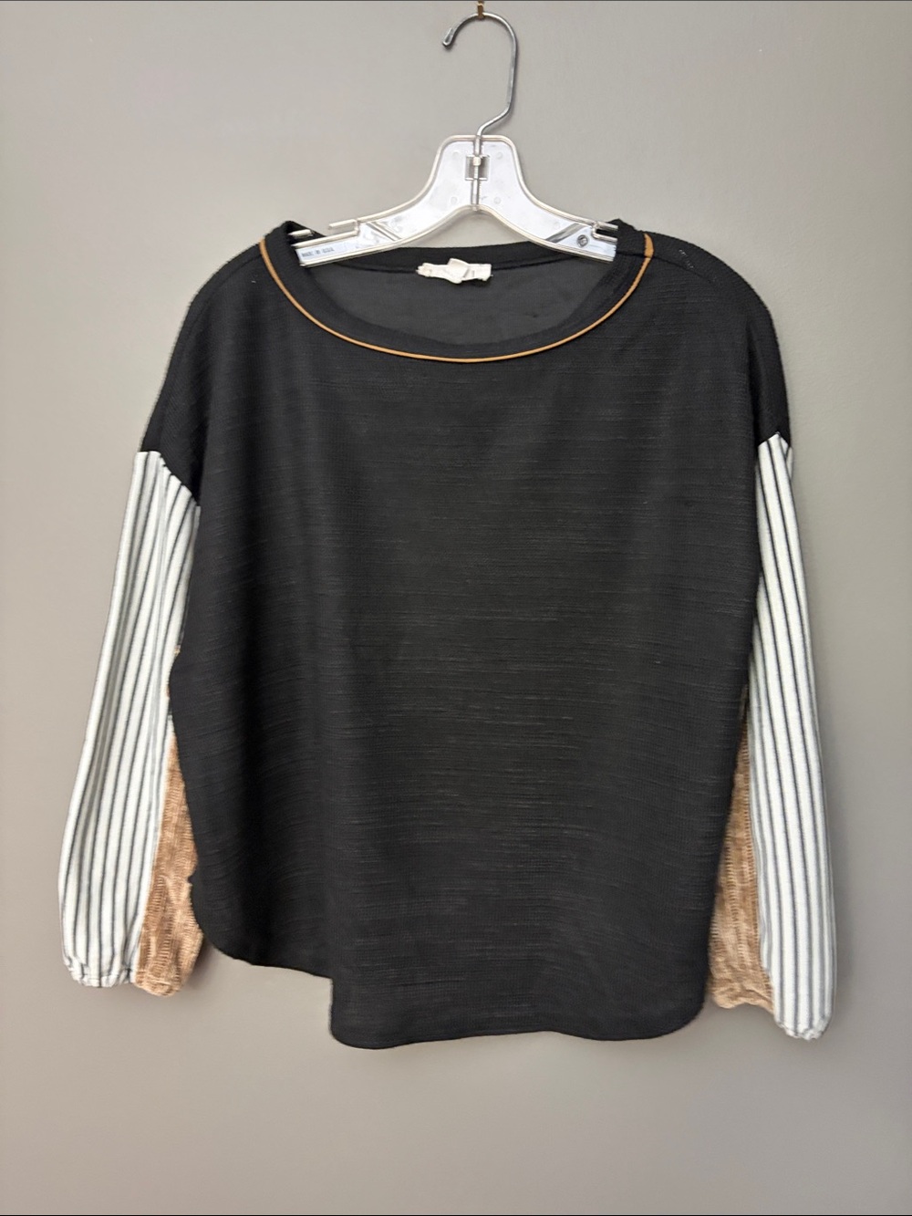 THML Black Top with Striped Sleeves and Tan Trim - Size XS